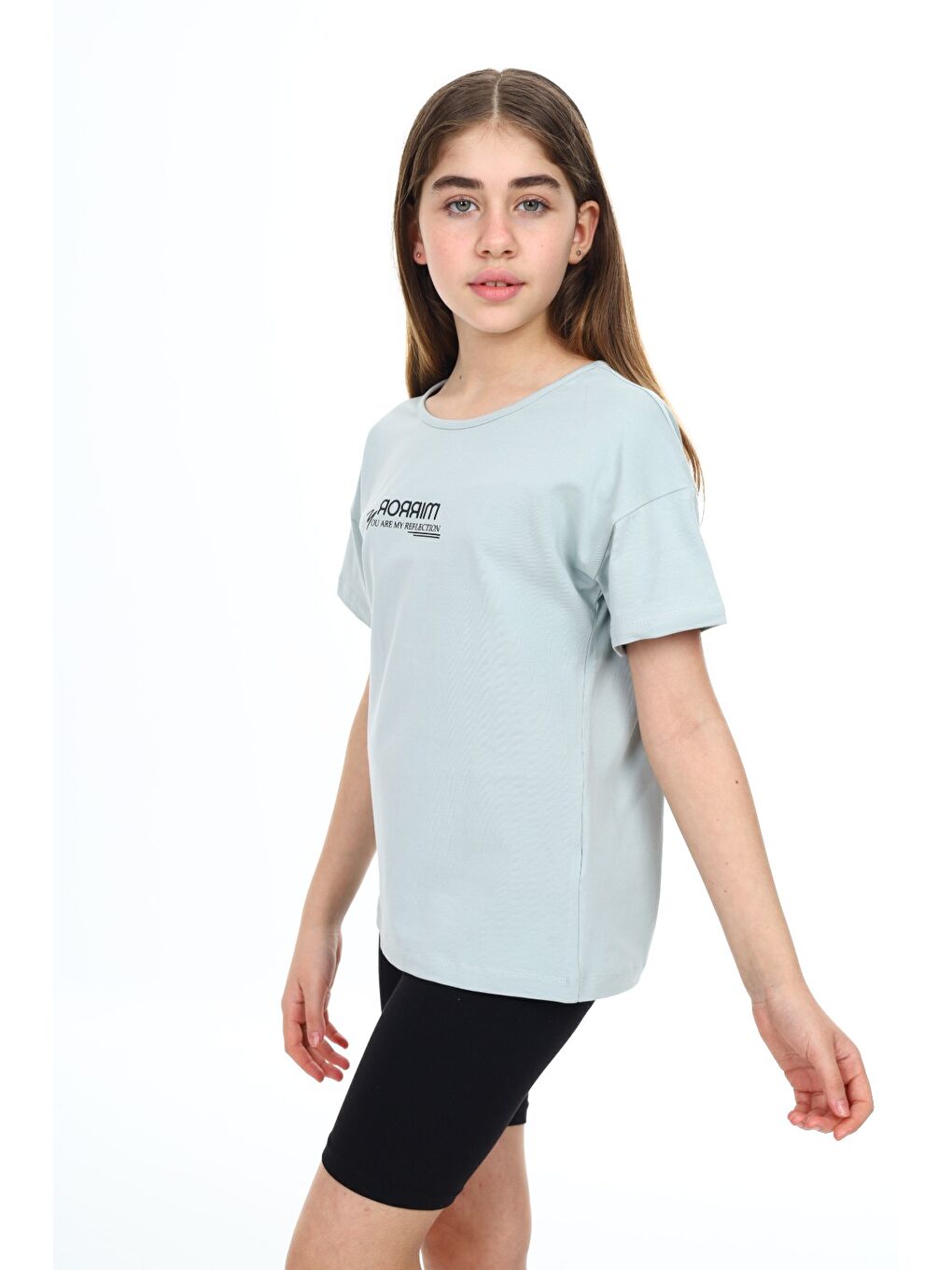 Ekru Kız Çocuk Baskılı Bisiklet Yaka Kısa Kollu Tişört-2