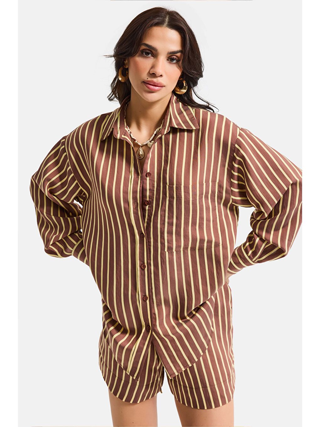 Kahverengi Kadın Kahve Çizgili s6-108 Oversize Rahat Kesim Gömlek-6