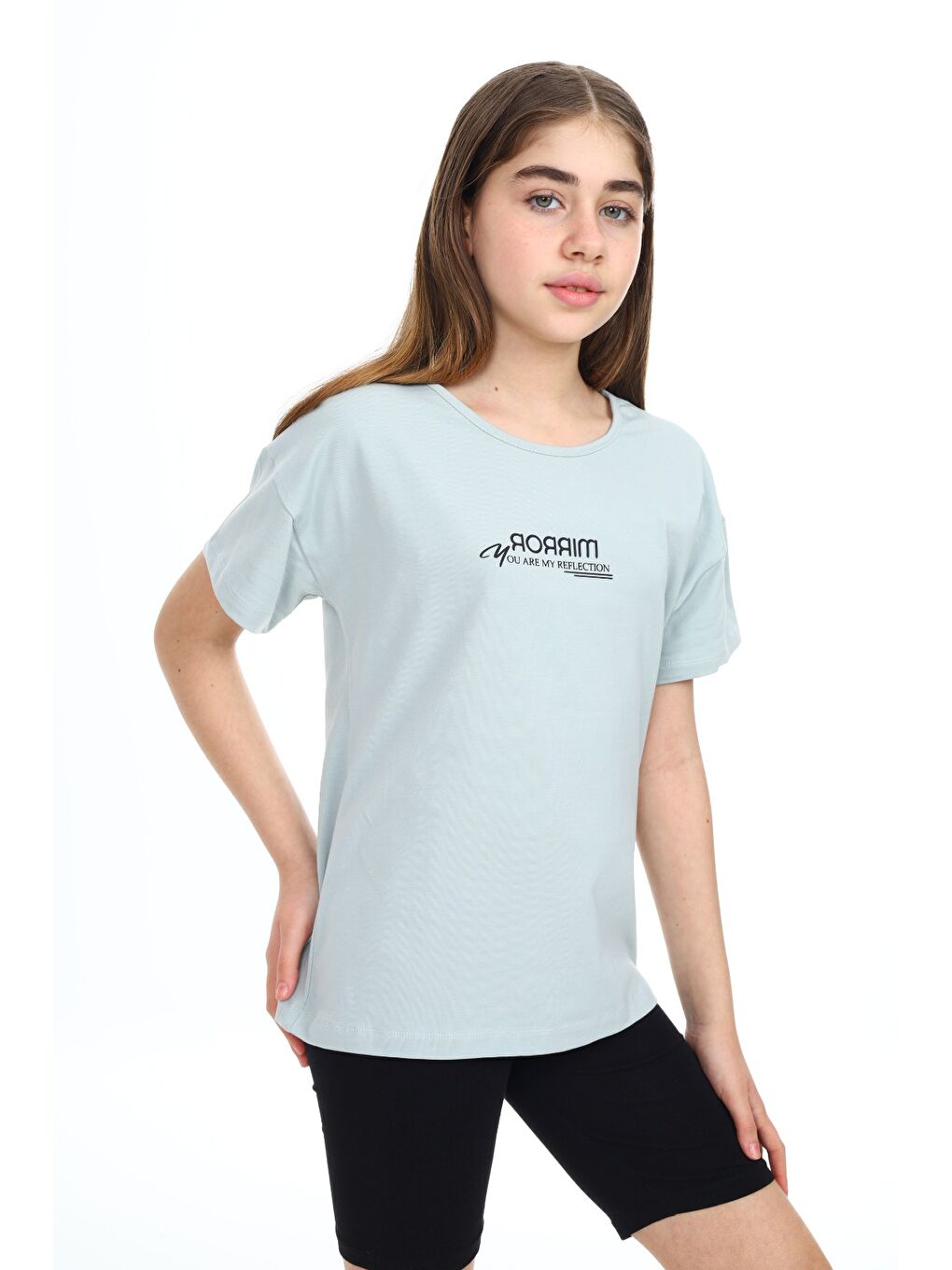 Ekru Kız Çocuk Baskılı Bisiklet Yaka Kısa Kollu Tişört-4