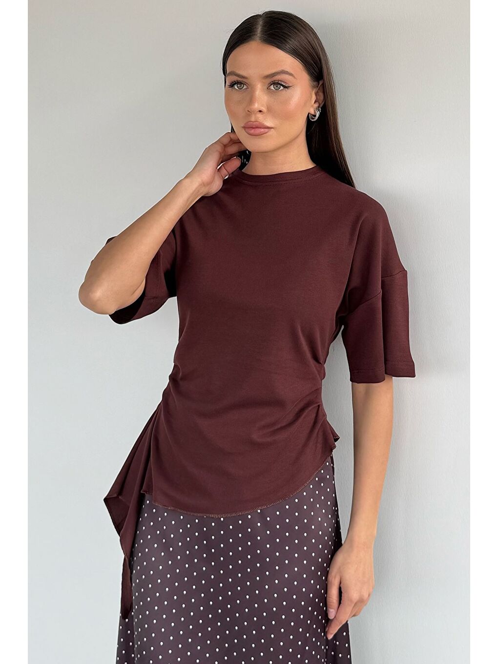 Kahverengi Kadın Bel Büzgülü Parçalı Bluz