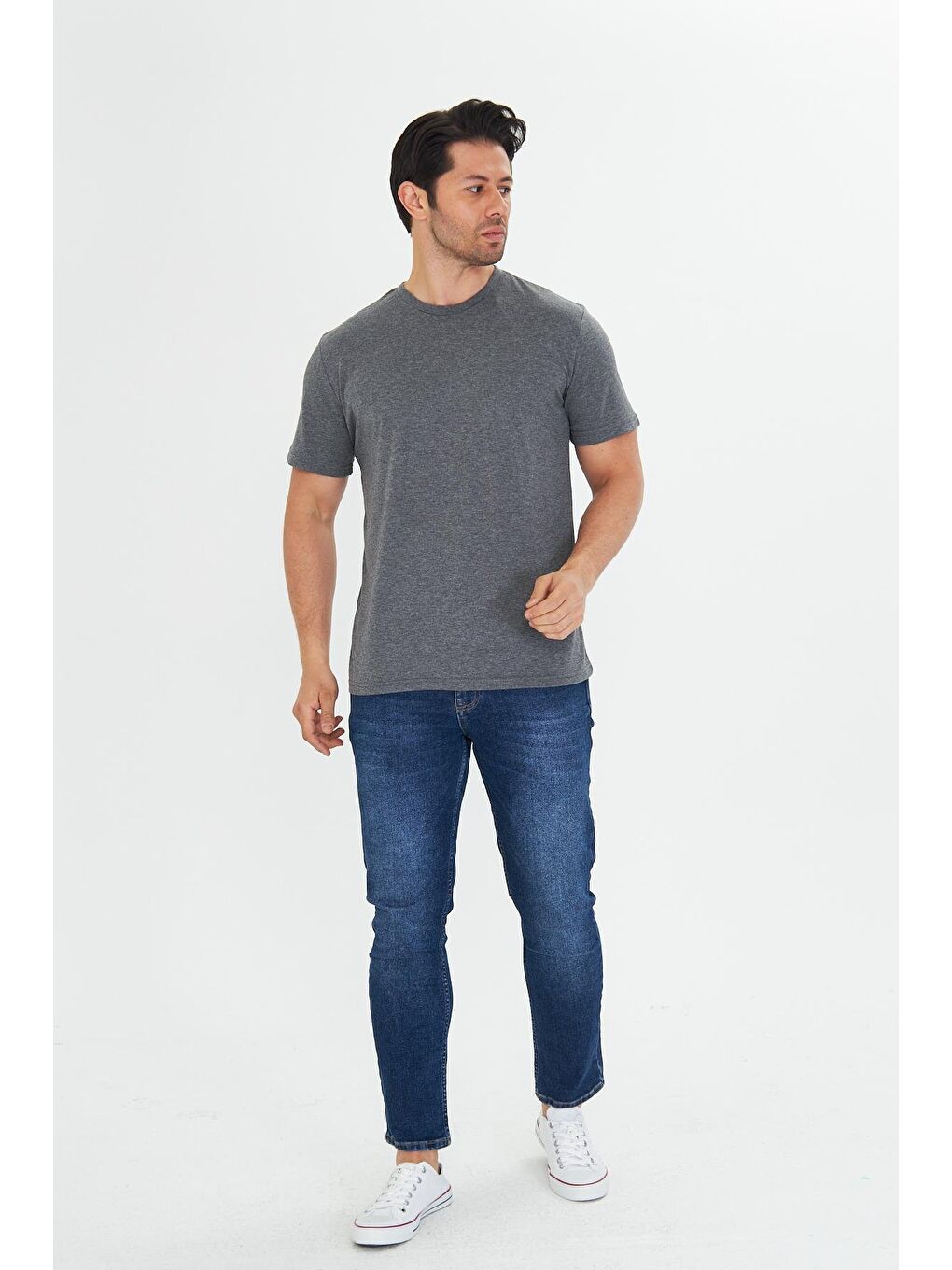 Erkek Pamuklu Bisiklet Yaka Tişört Antrasit 5014-A-1