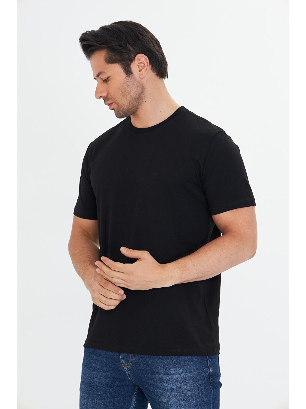 Erkek Pamuklu Bisiklet Yaka Tişört Siyah 5014-S-3