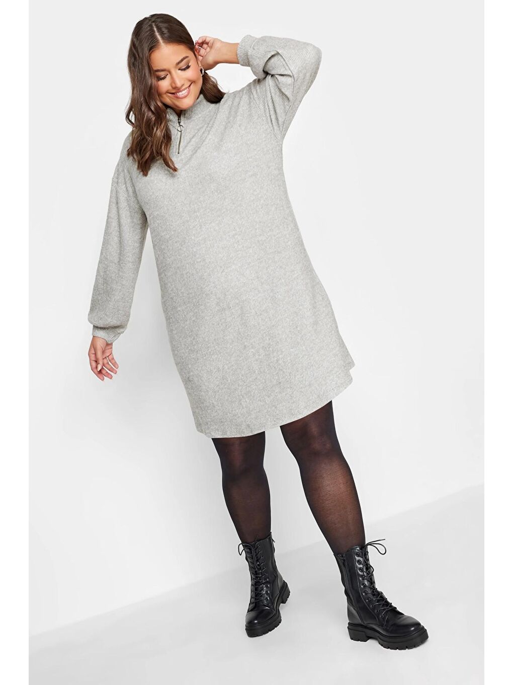 Gri Büyük Beden Yakası Fermuarlı Uzun Kollu Midi Boy Elbise 302617