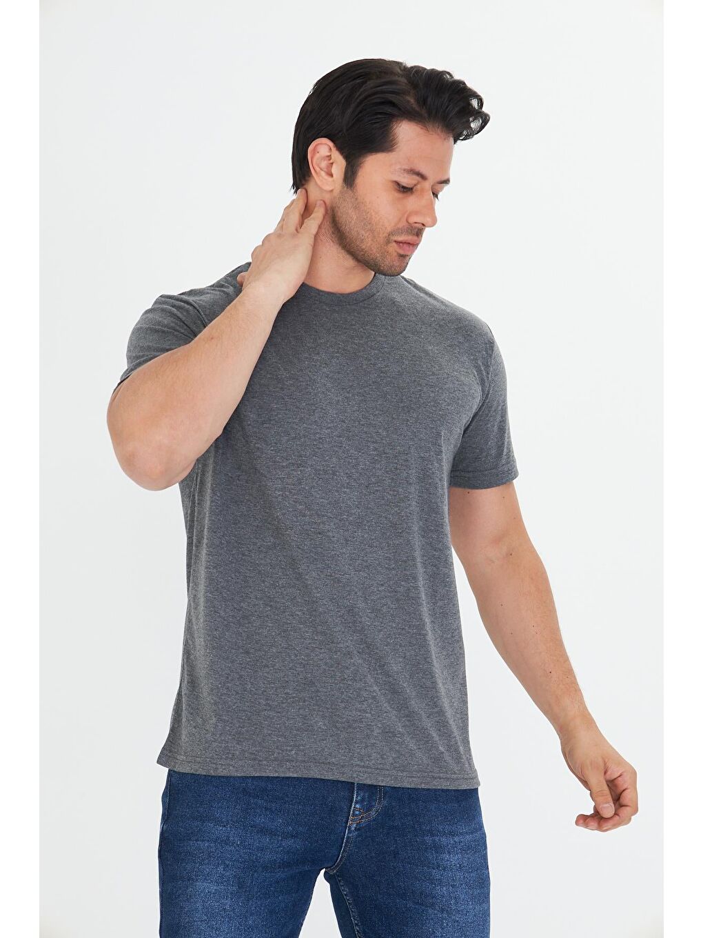 Erkek Pamuklu Bisiklet Yaka Tişört Antrasit 5014-A-3