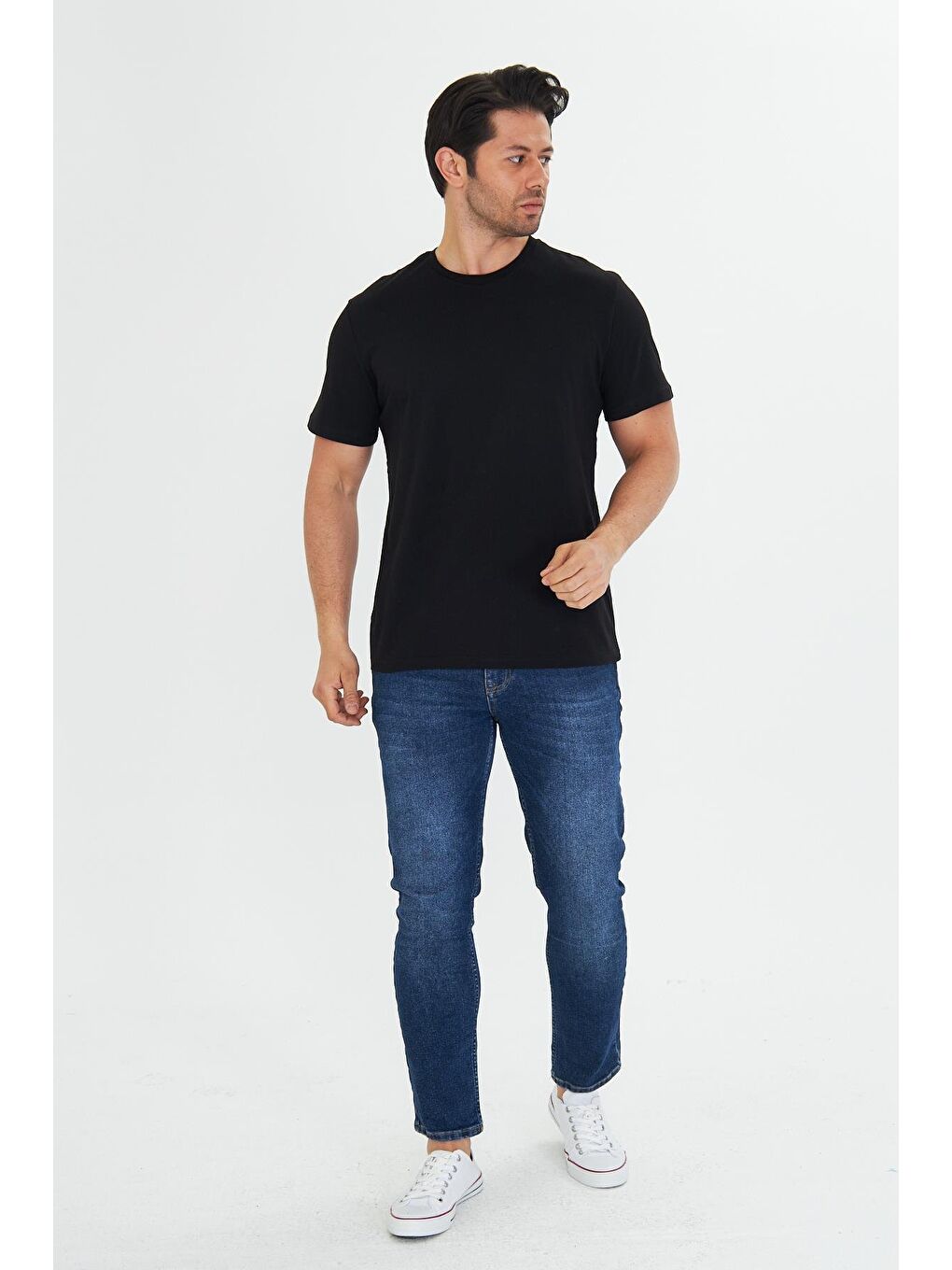 Erkek Pamuklu Bisiklet Yaka Tişört Siyah 5014-S-4