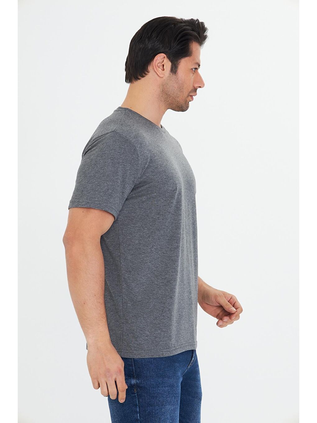 Erkek Pamuklu Bisiklet Yaka Tişört Antrasit 5014-A-4