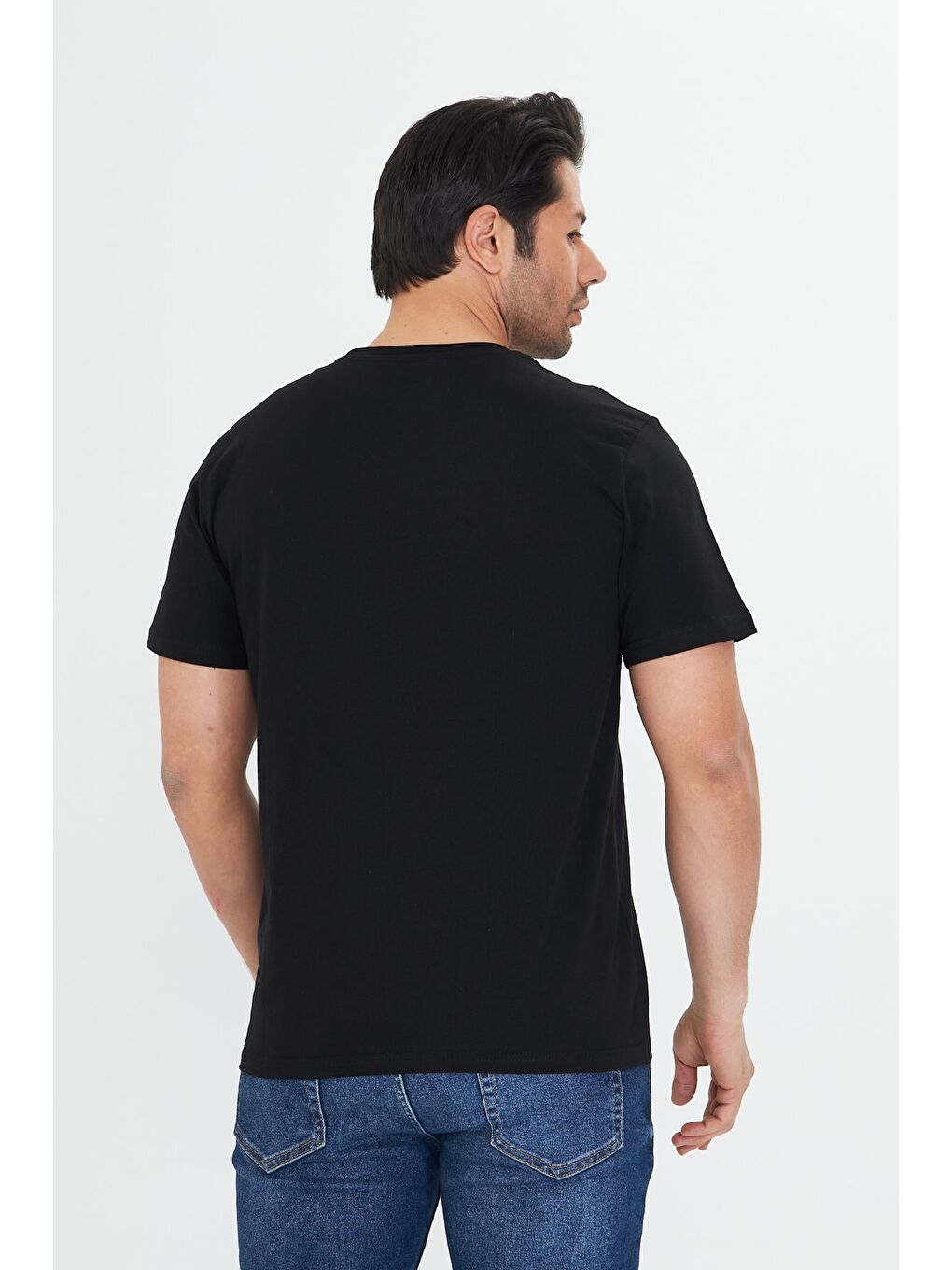 Erkek Pamuklu Bisiklet Yaka Tişört Siyah 5014-S-5