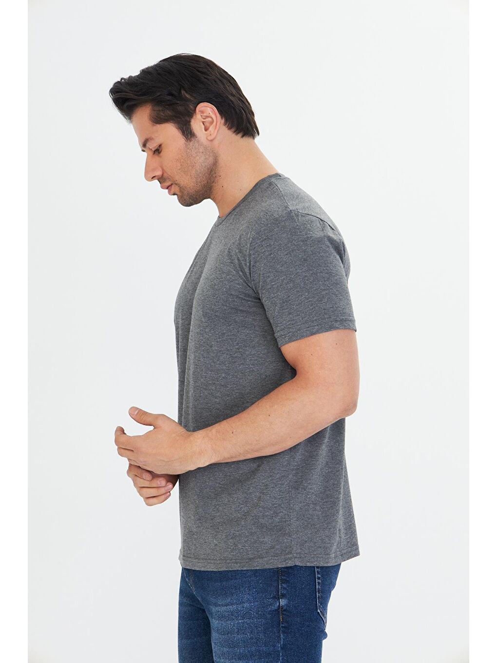 Erkek Pamuklu Bisiklet Yaka Tişört Antrasit 5014-A-5