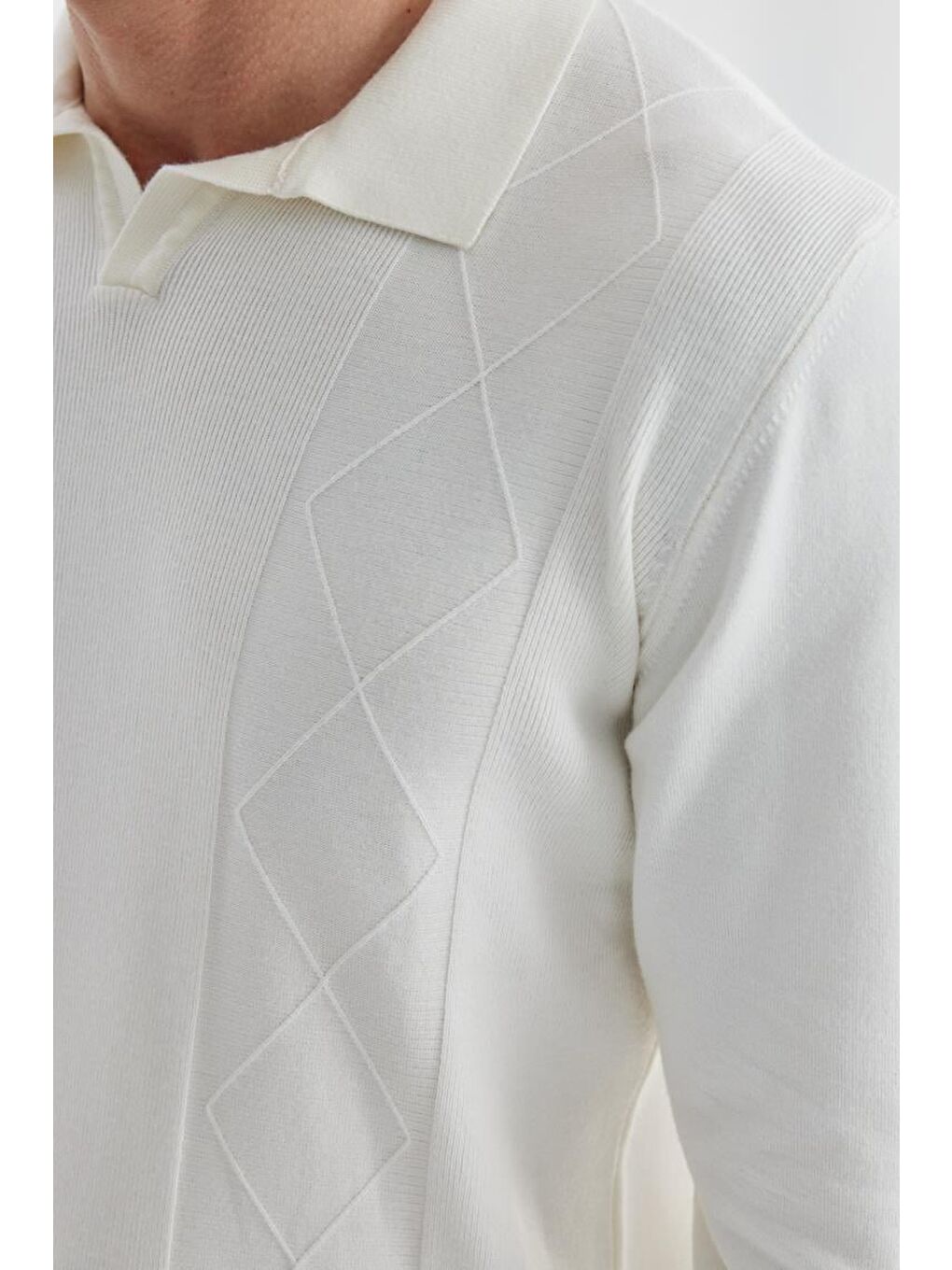 Ekru Slim Fit Yün Kaşmir Karışımlı Desenli Polo Yaka Triko-2