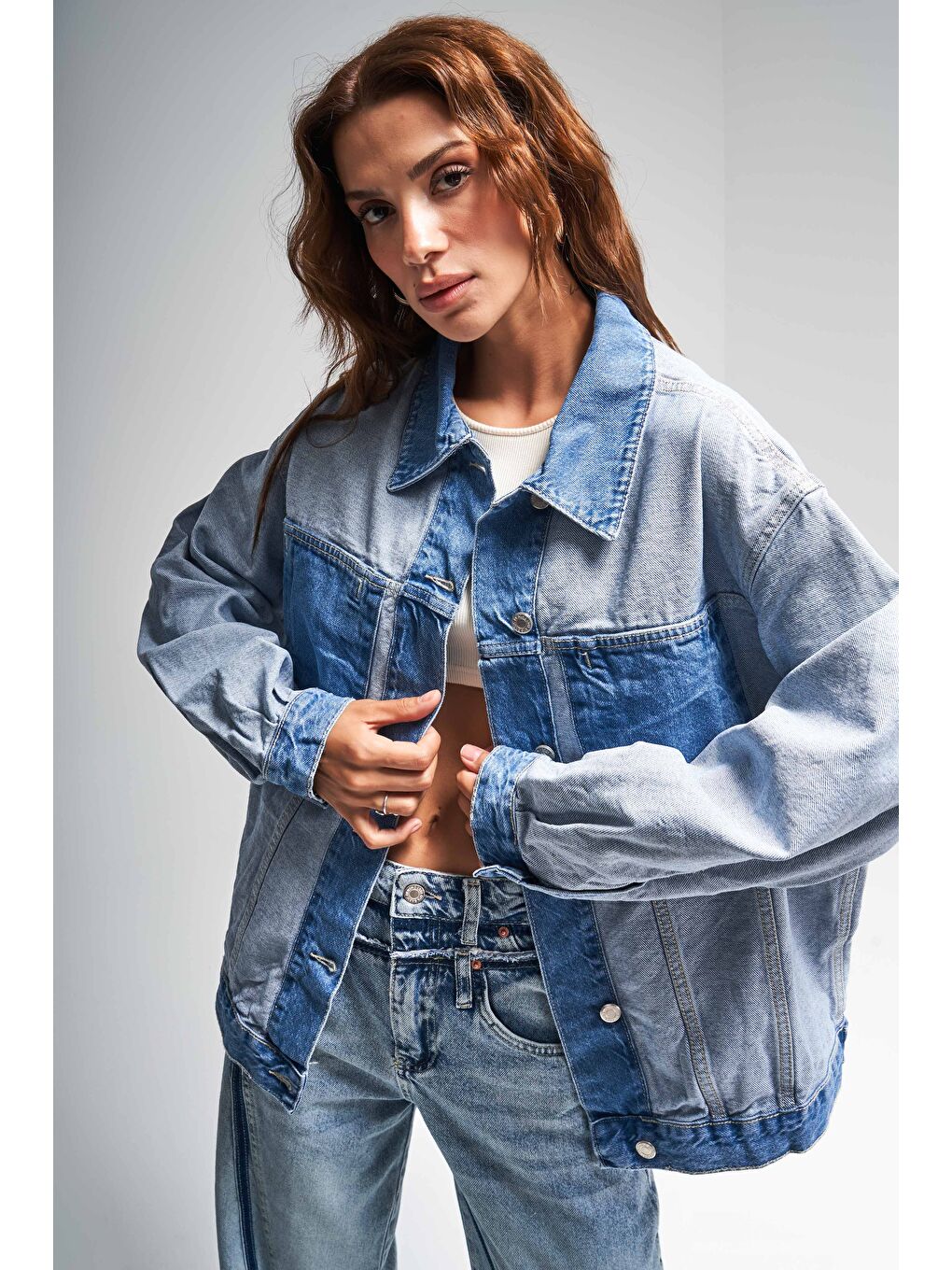 it's basic Mavi Kadın Jean Rengi Çift Renk Oversize Denim Ceket