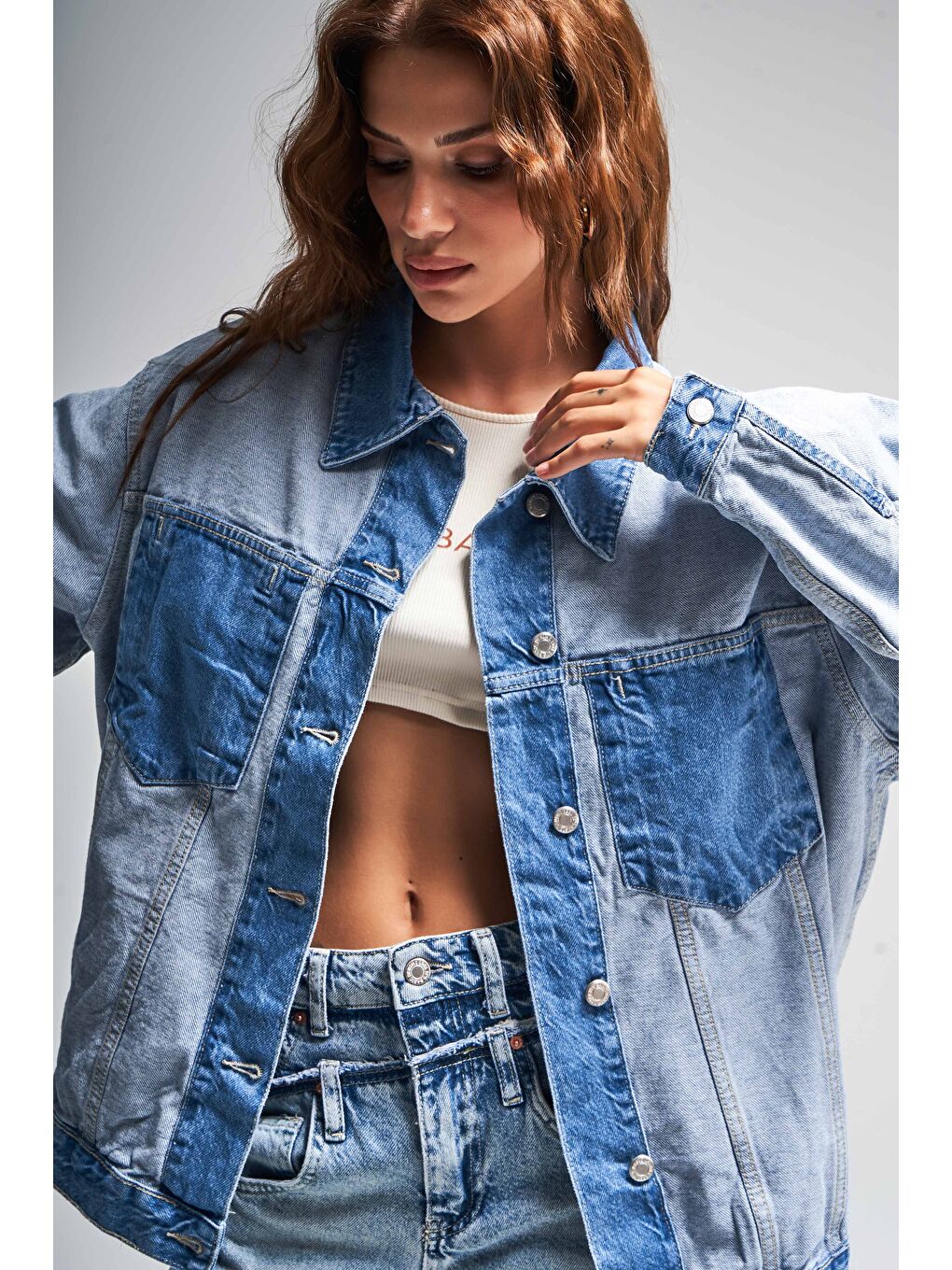 it's basic Mavi Kadın Jean Rengi Çift Renk Oversize Denim Ceket - 1