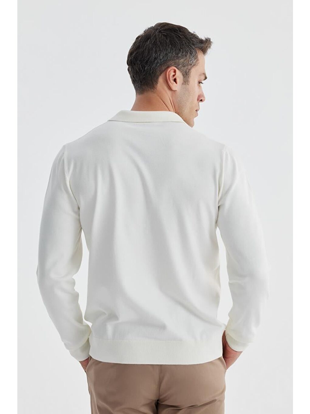 Ekru Slim Fit Yün Kaşmir Karışımlı Desenli Polo Yaka Triko-3