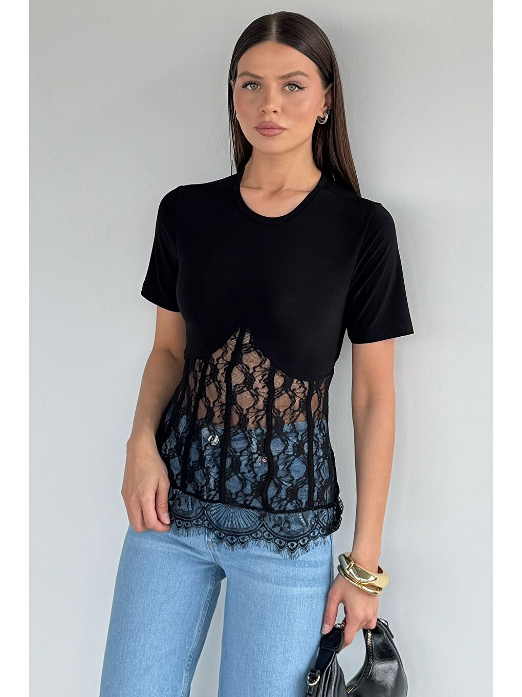 Siyah Kadın Dantelli Bluz