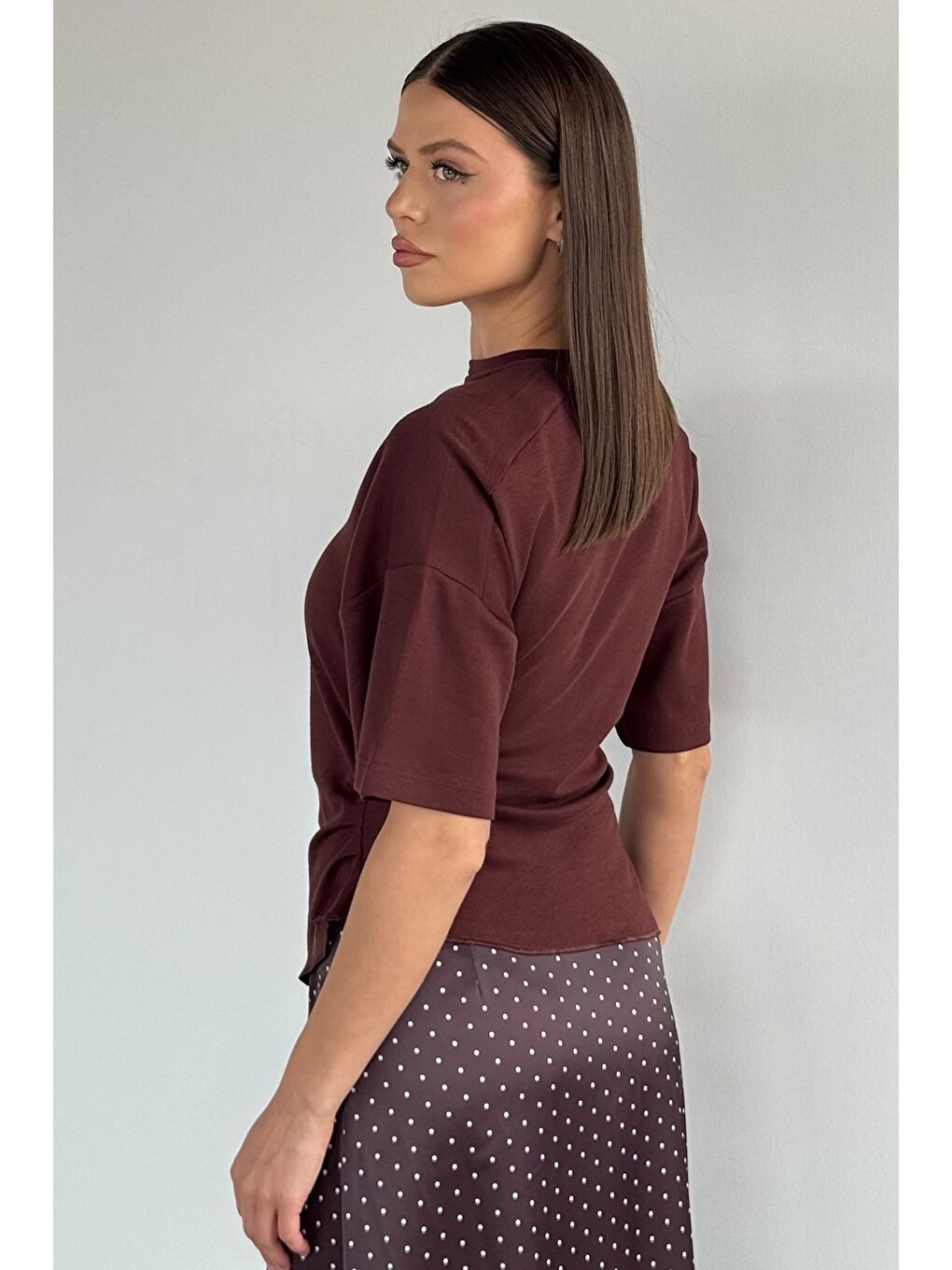 Kahverengi Kadın Bel Büzgülü Parçalı Bluz-3