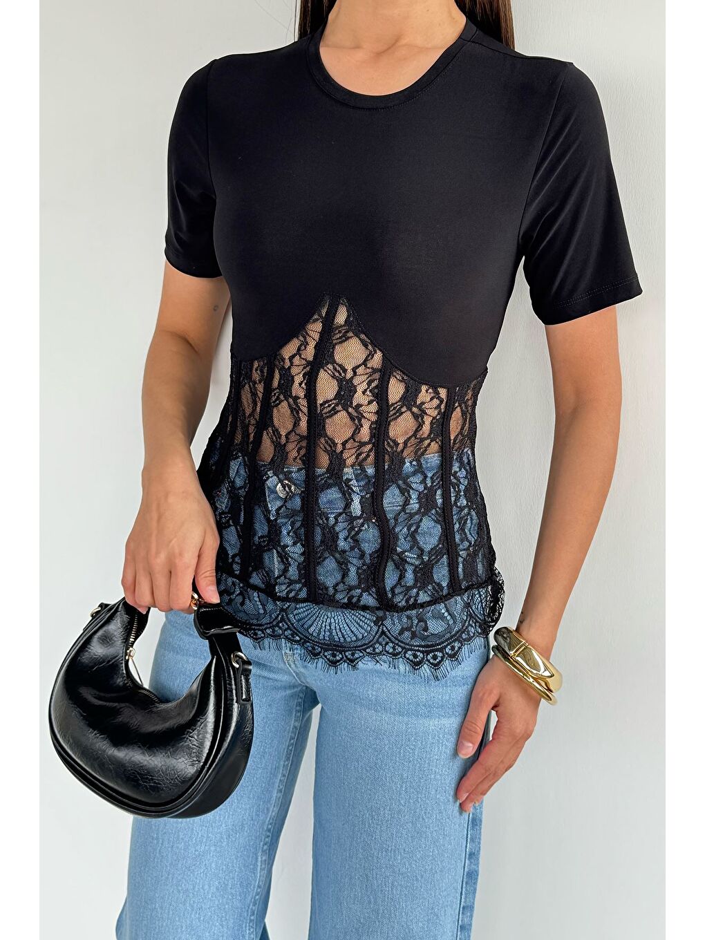 Siyah Kadın Dantelli Bluz-1