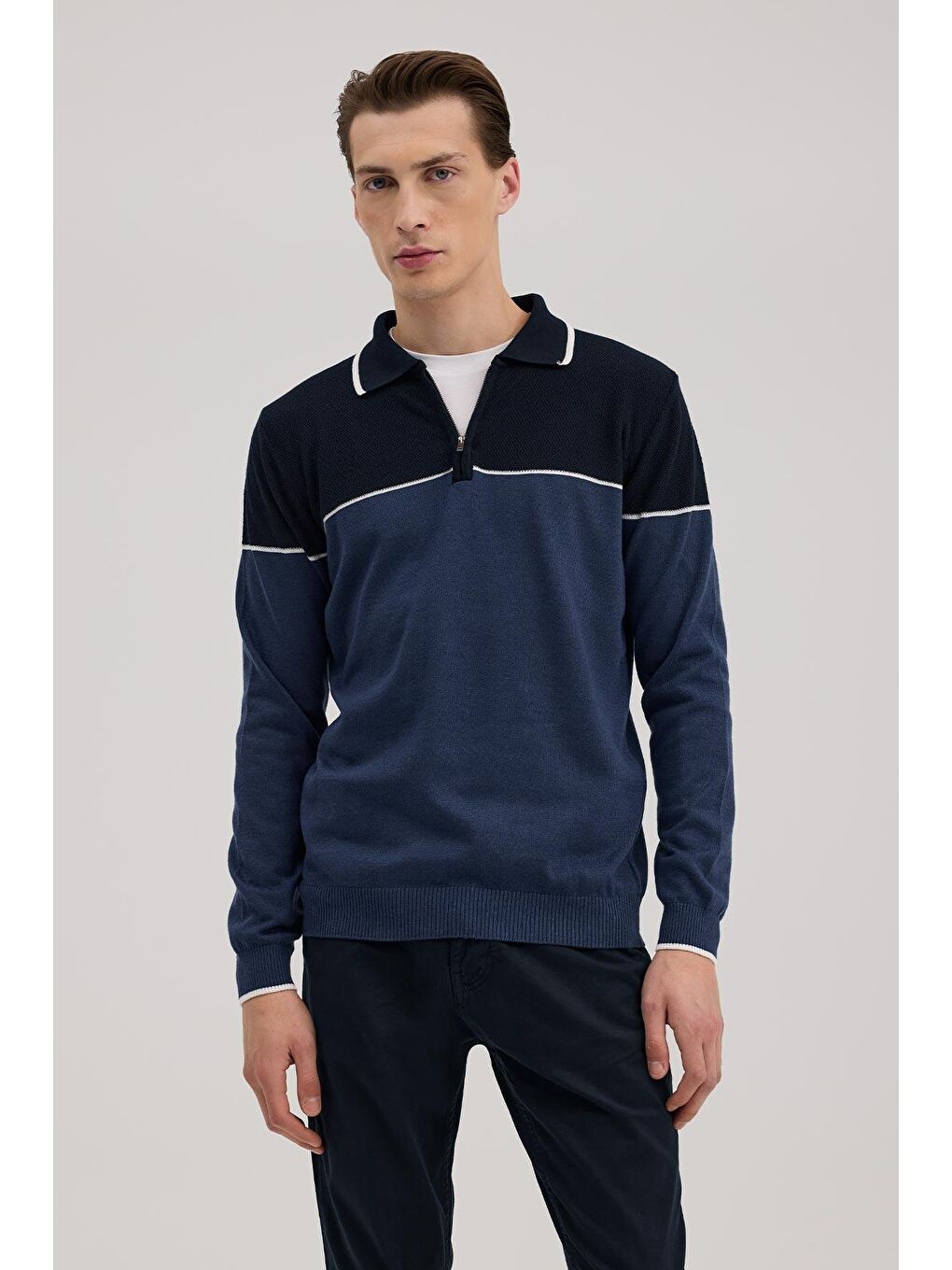 Mavi Slim Fit Fermuarlı Polo Yaka Triko