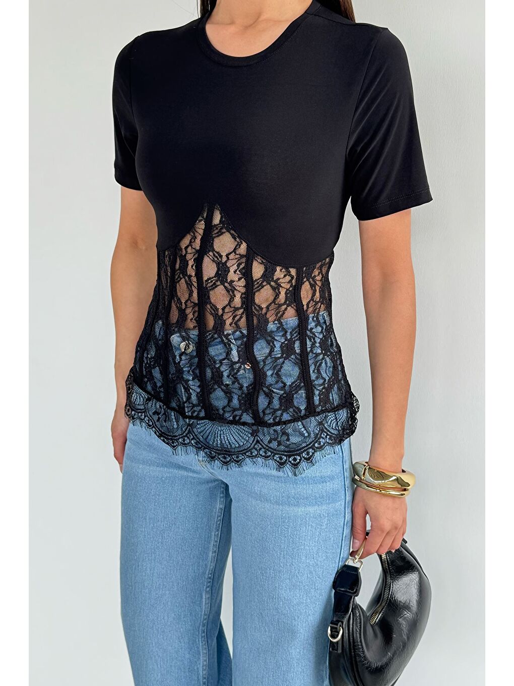 Siyah Kadın Dantelli Bluz-2