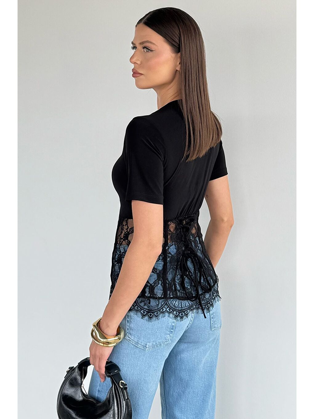 Siyah Kadın Dantelli Bluz-3