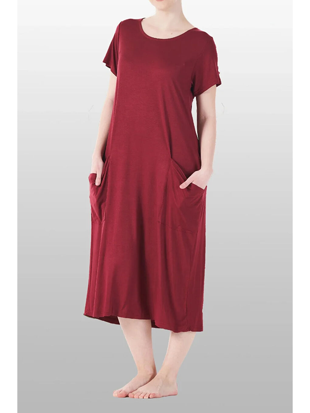 Kadın Kısa Kol Cep Detay Viskon Elbise Pijama 25234-1 Mürdüm-1