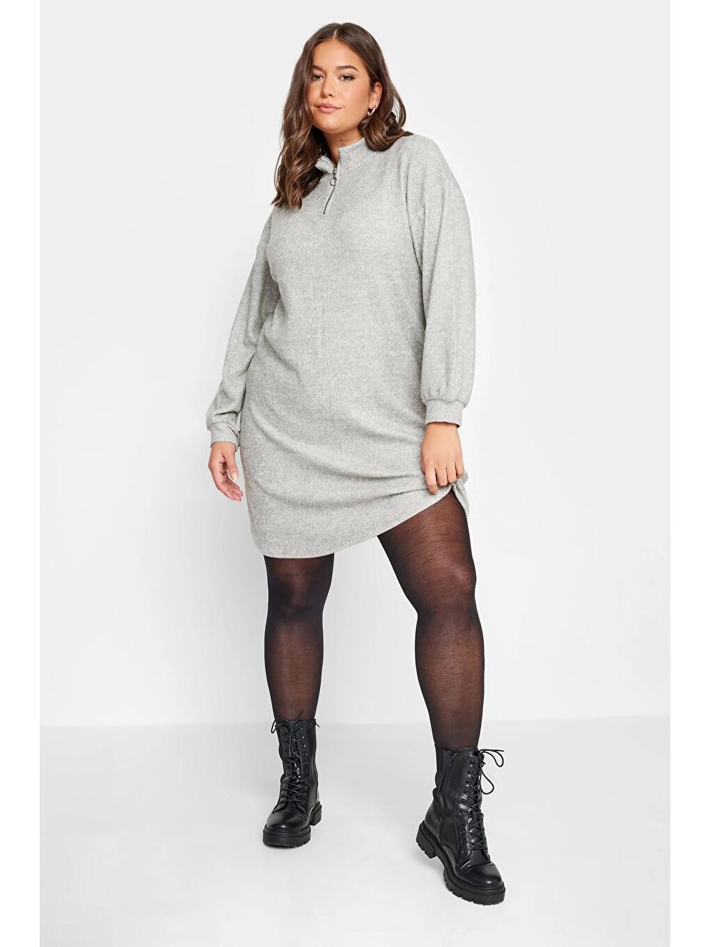 Gri Büyük Beden Yakası Fermuarlı Uzun Kollu Midi Boy Elbise 302617-3