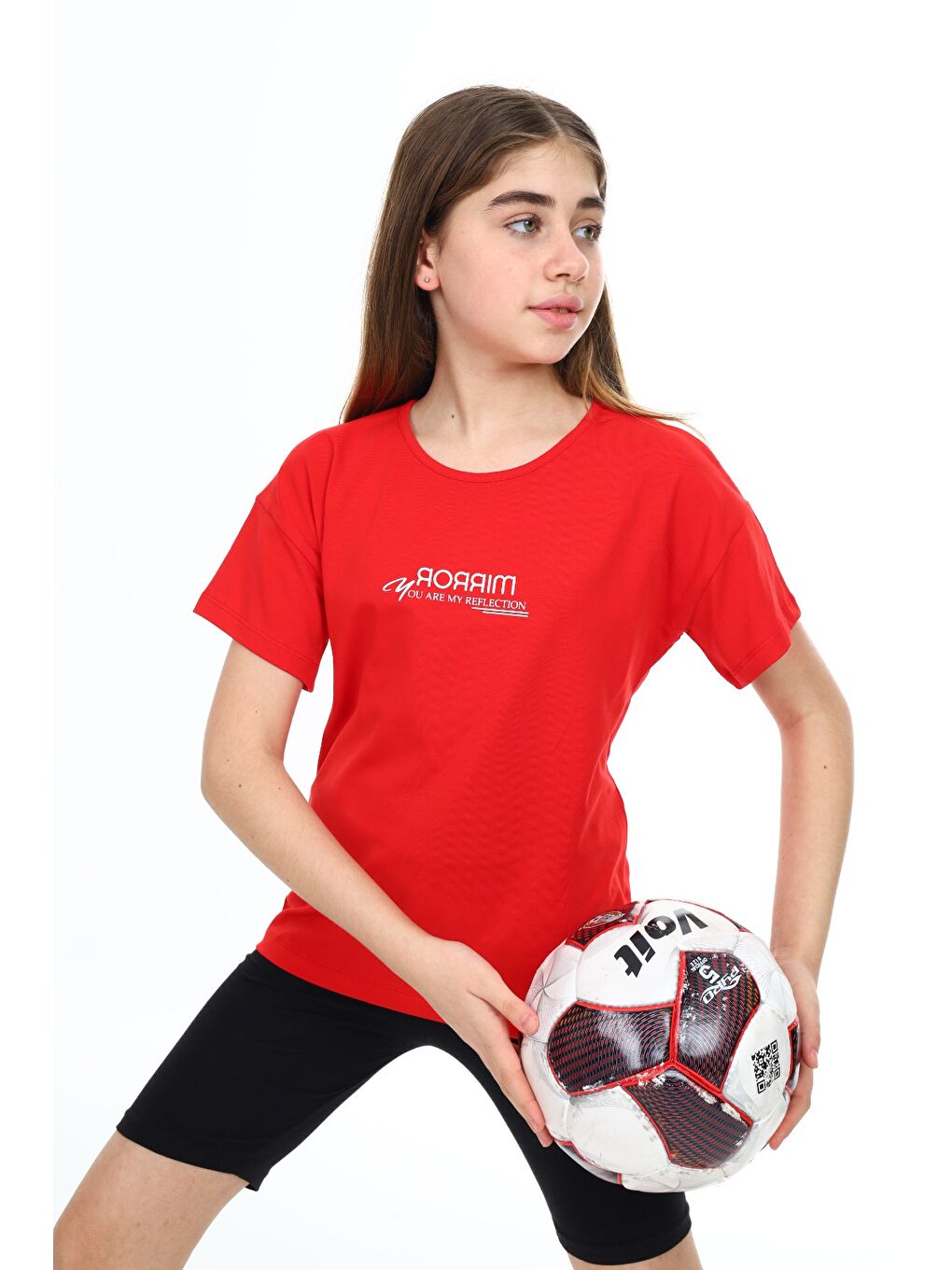 Kırmızı Kız Çocuk Baskılı Bisiklet Yaka Kısa Kollu Tişört-1