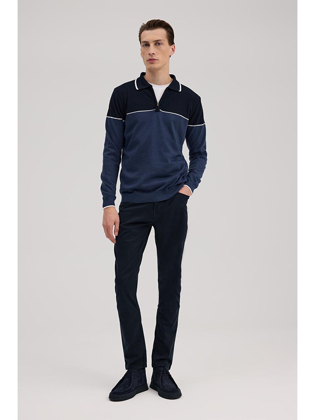 Mavi Slim Fit Fermuarlı Polo Yaka Triko-1