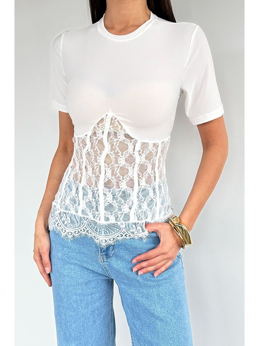 Ekru Kadın Dantelli Bluz-1