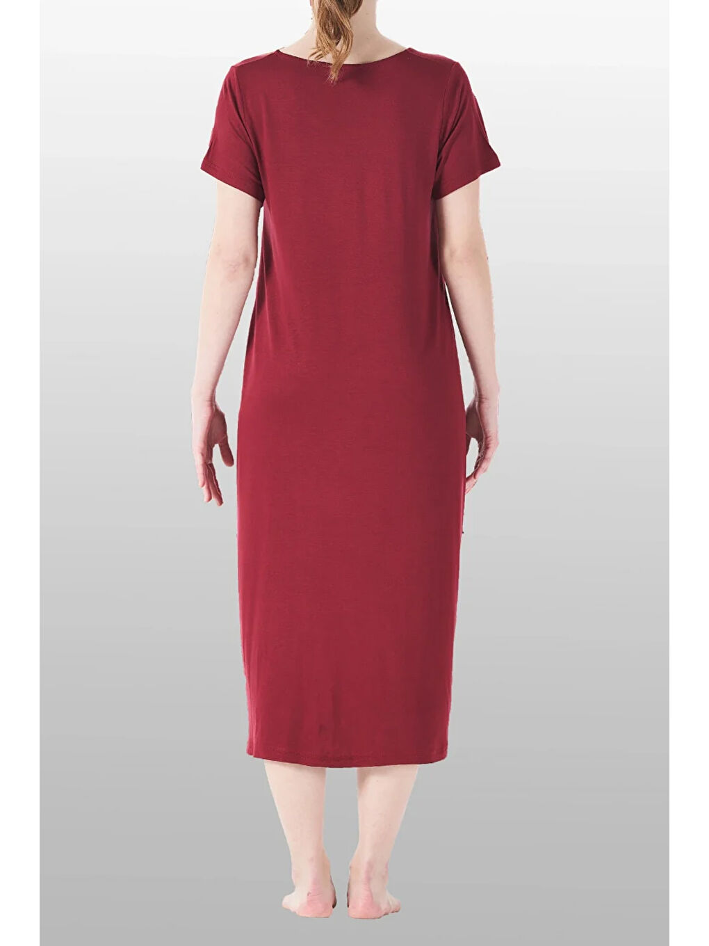 Kadın Kısa Kol Cep Detay Viskon Elbise Pijama 25234-1 Mürdüm-2