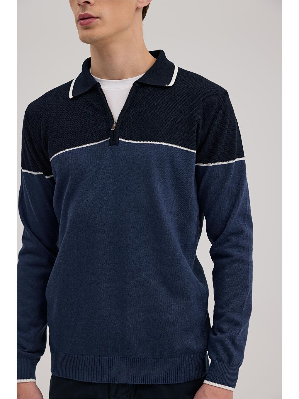 Mavi Slim Fit Fermuarlı Polo Yaka Triko-2