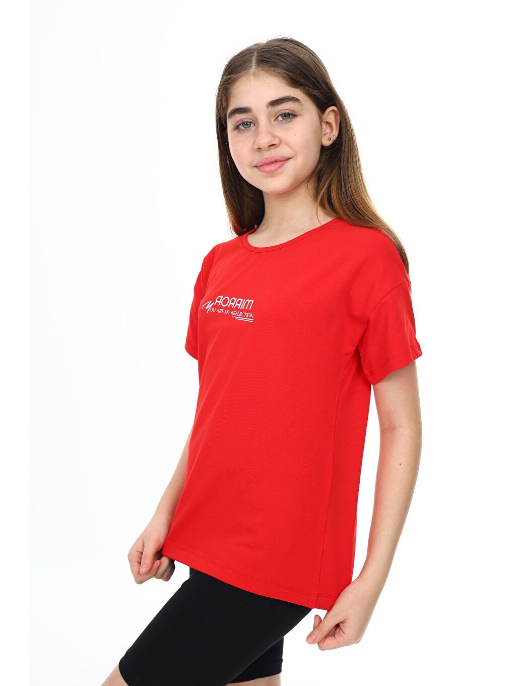 Kırmızı Kız Çocuk Baskılı Bisiklet Yaka Kısa Kollu Tişört-2