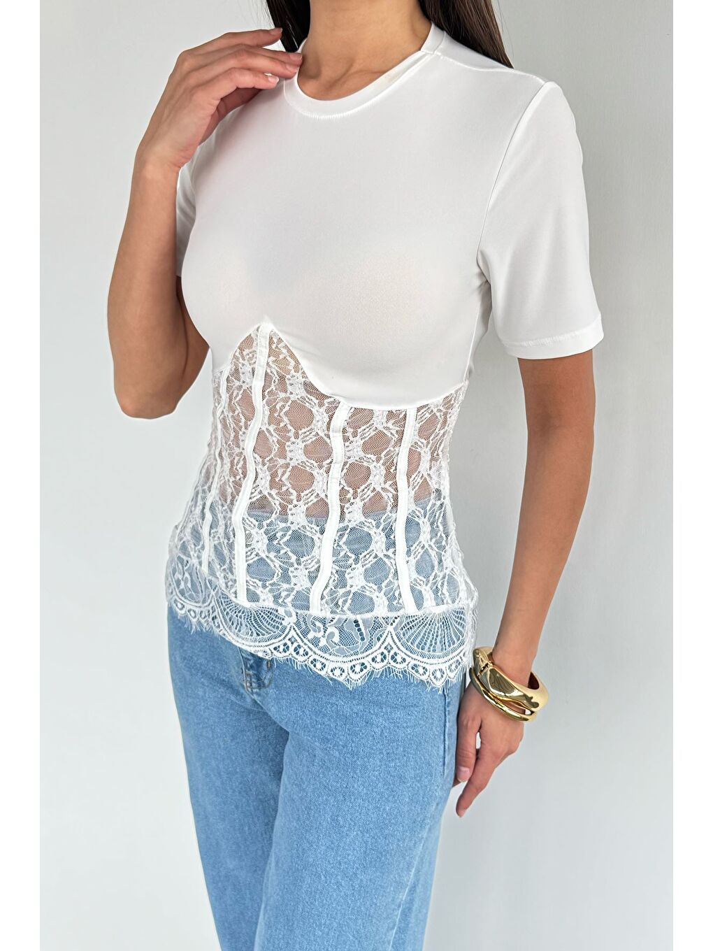 Ekru Kadın Dantelli Bluz-2