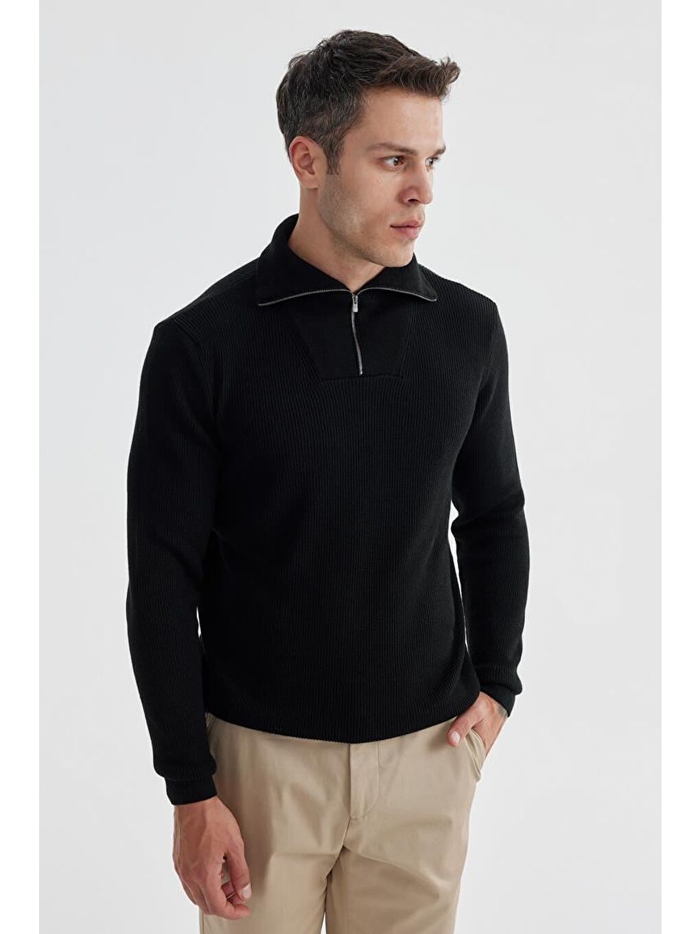 Siyah Slim Fit Yünlü Fermuarlı Yaka Triko-1