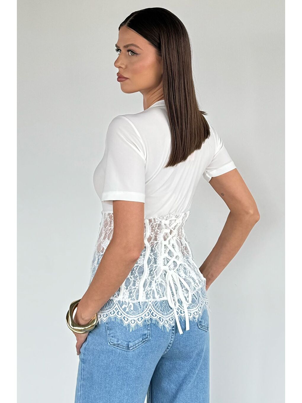 Ekru Kadın Dantelli Bluz-3