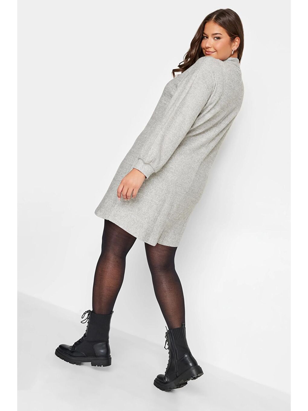 Gri Büyük Beden Yakası Fermuarlı Uzun Kollu Midi Boy Elbise 302617-4