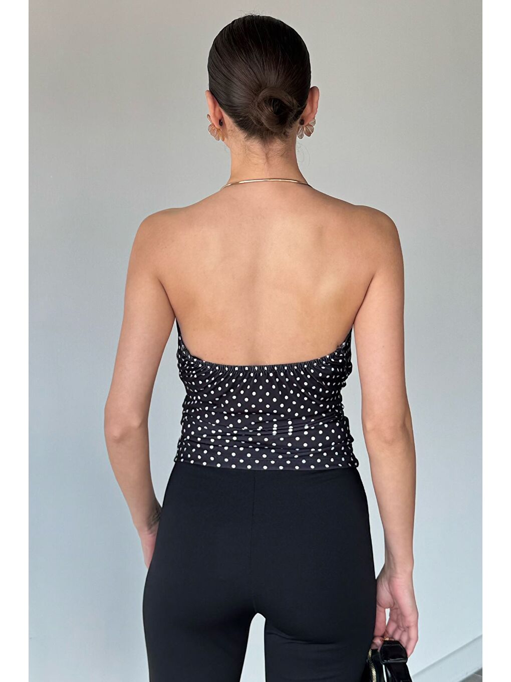 Siyah Kadın Puantiyeli Crop Top Bluz-3