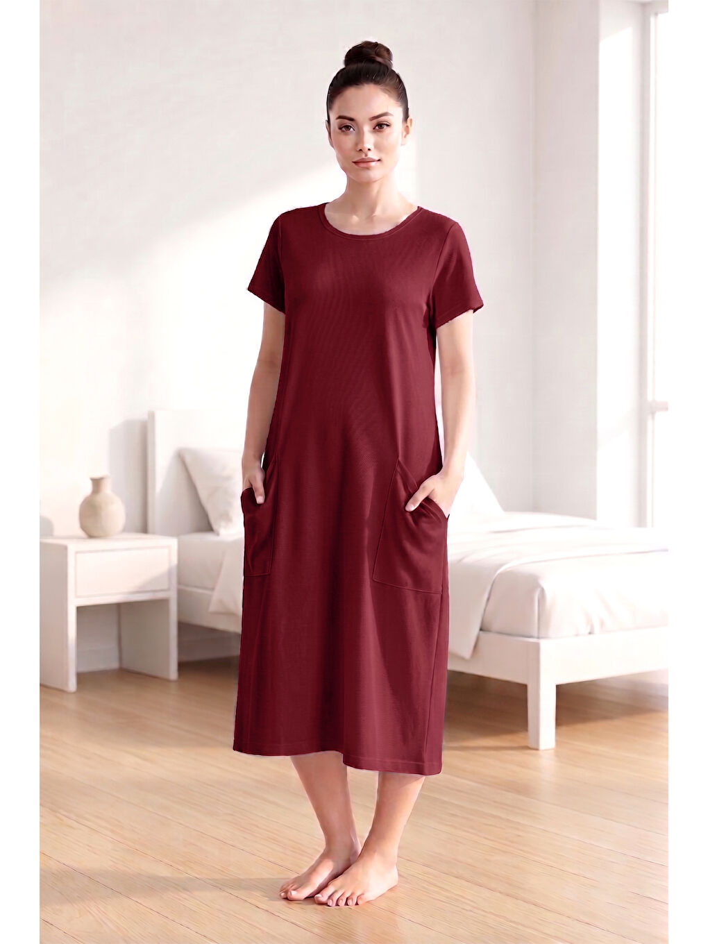 Kadın Kısa Kol Cep Detay Viskon Elbise Pijama 25234-1 Mürdüm-3