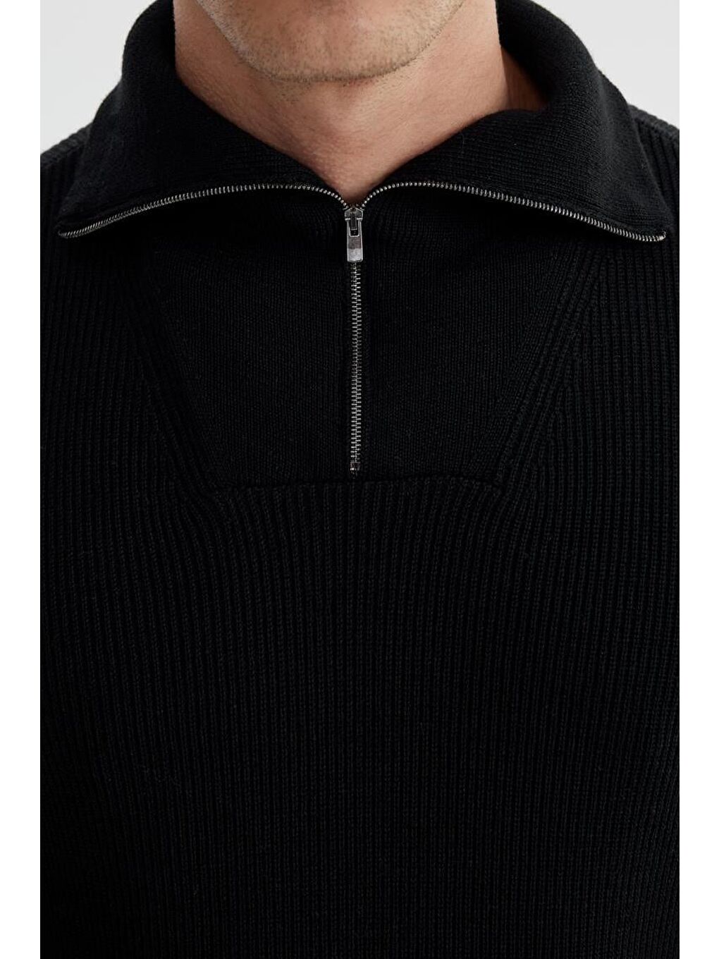 Siyah Slim Fit Yünlü Fermuarlı Yaka Triko-2