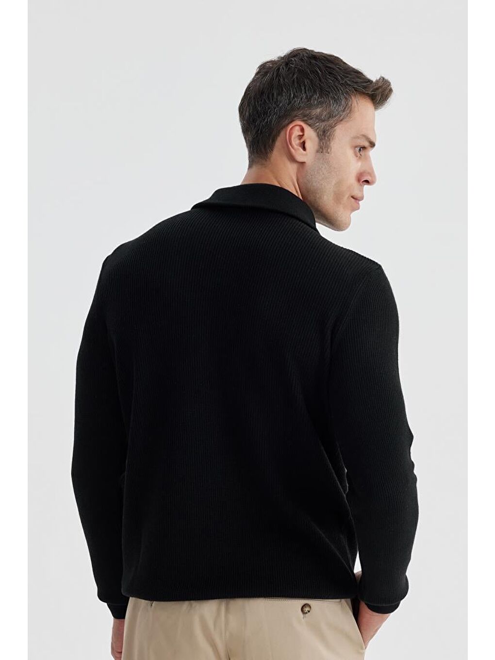 Siyah Slim Fit Yünlü Fermuarlı Yaka Triko-3