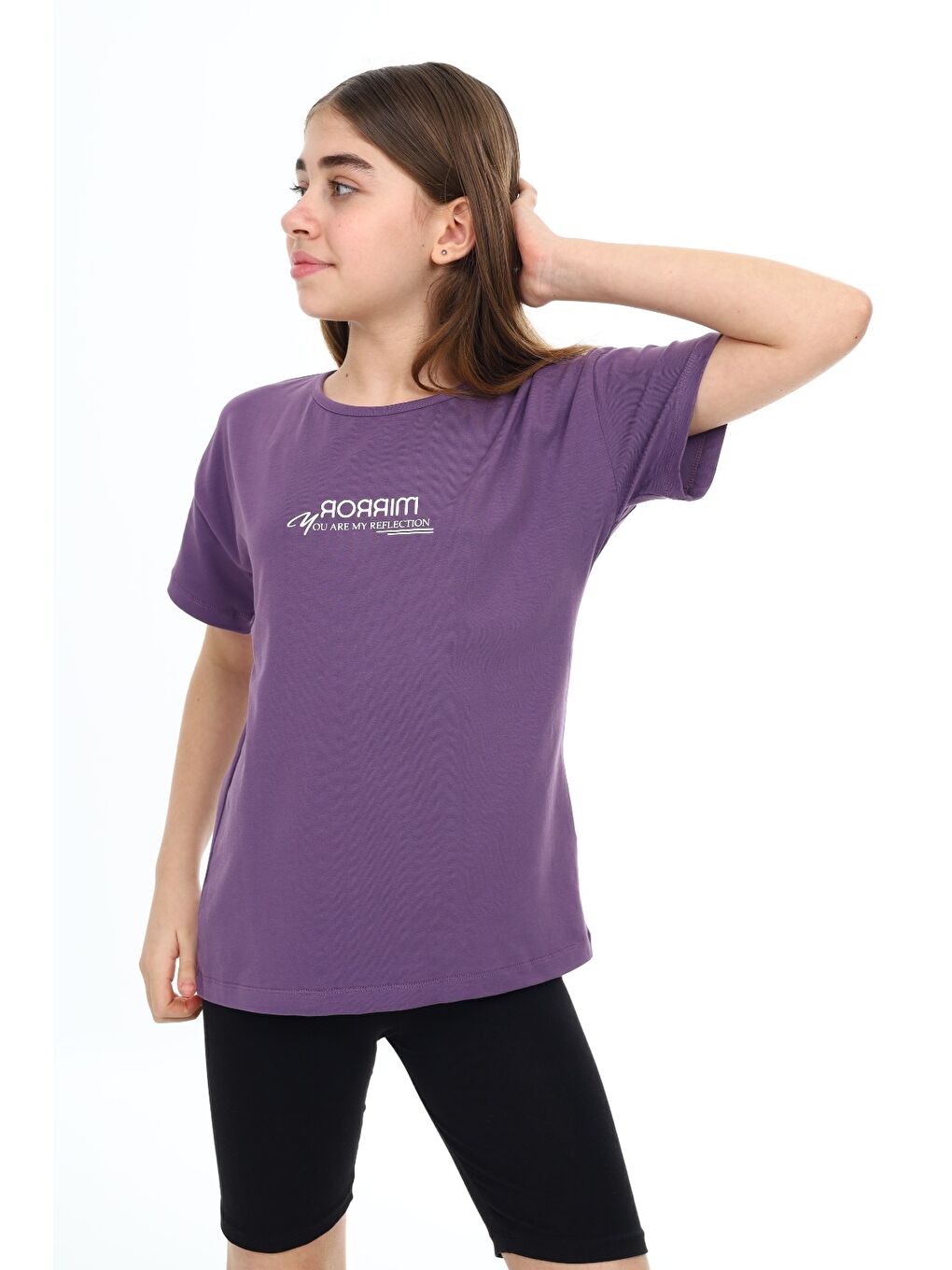 Mor Kız Çocuk Baskılı Bisiklet Yaka Kısa Kollu Tişört-1