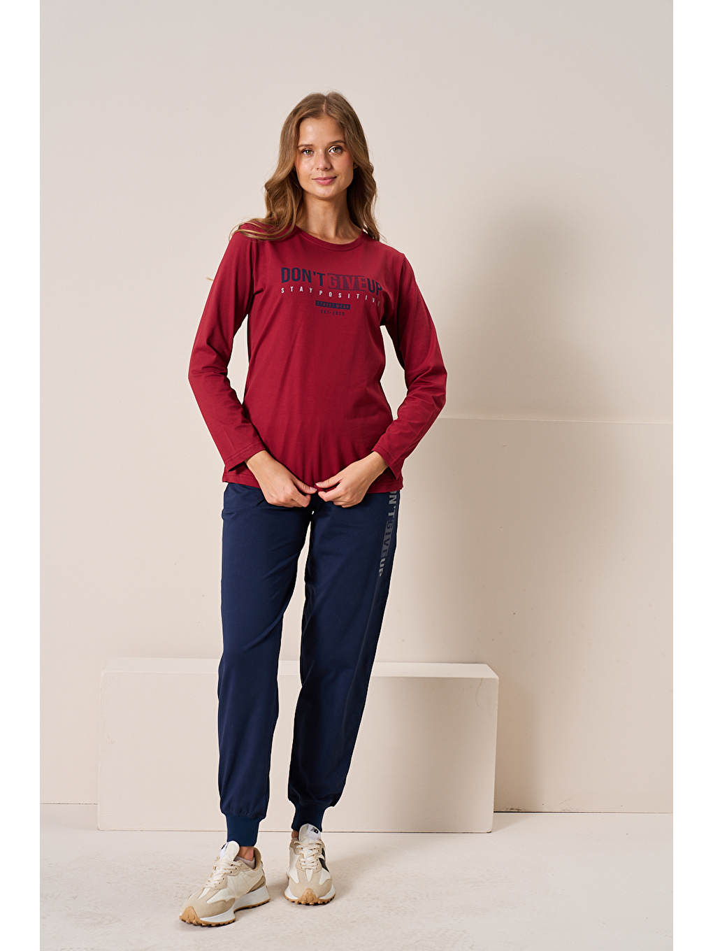 Kadın Penye Süprem Bisiklet Yaka Pijama Takım | Bordo 3198-1