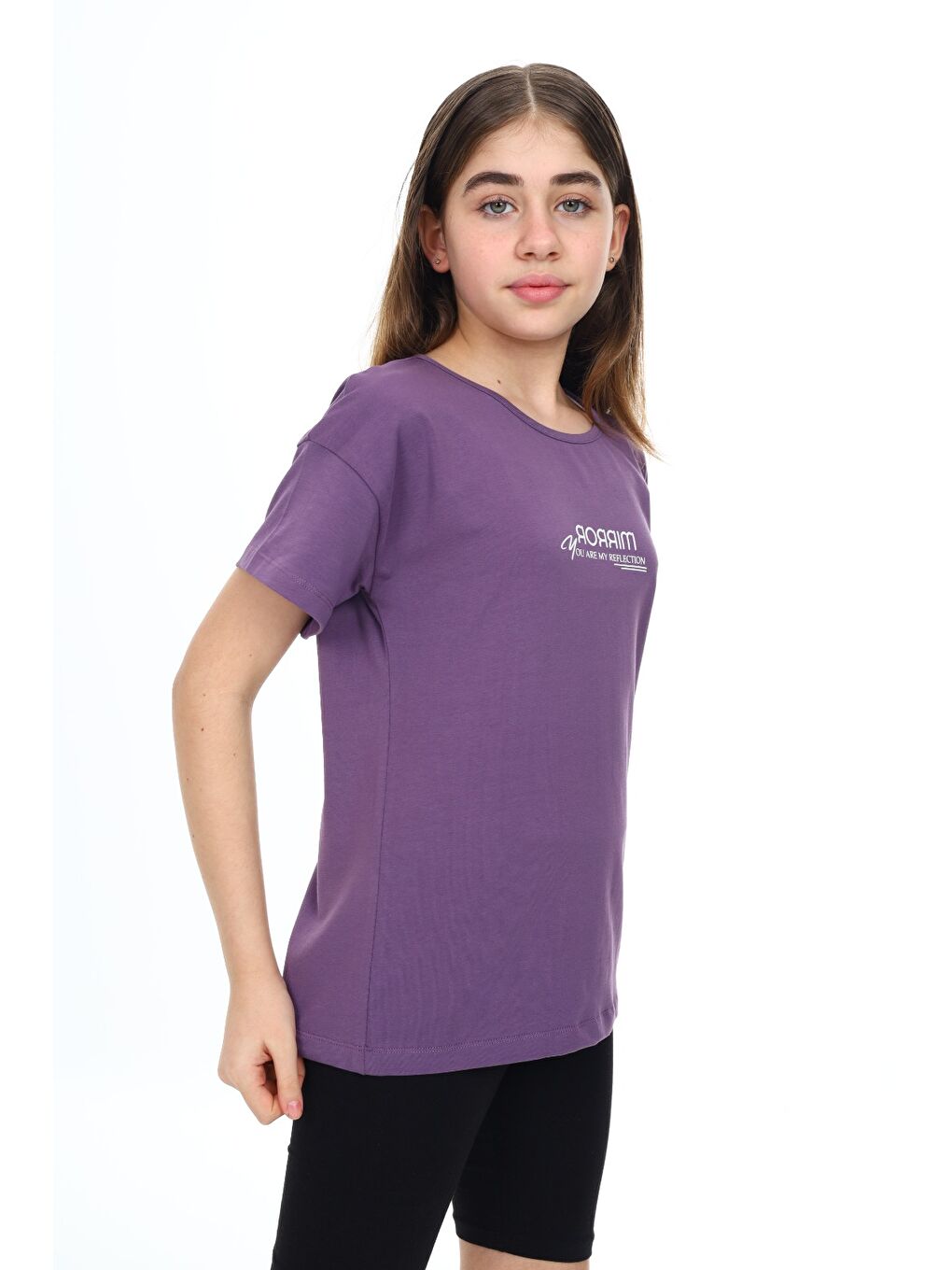 Mor Kız Çocuk Baskılı Bisiklet Yaka Kısa Kollu Tişört-2