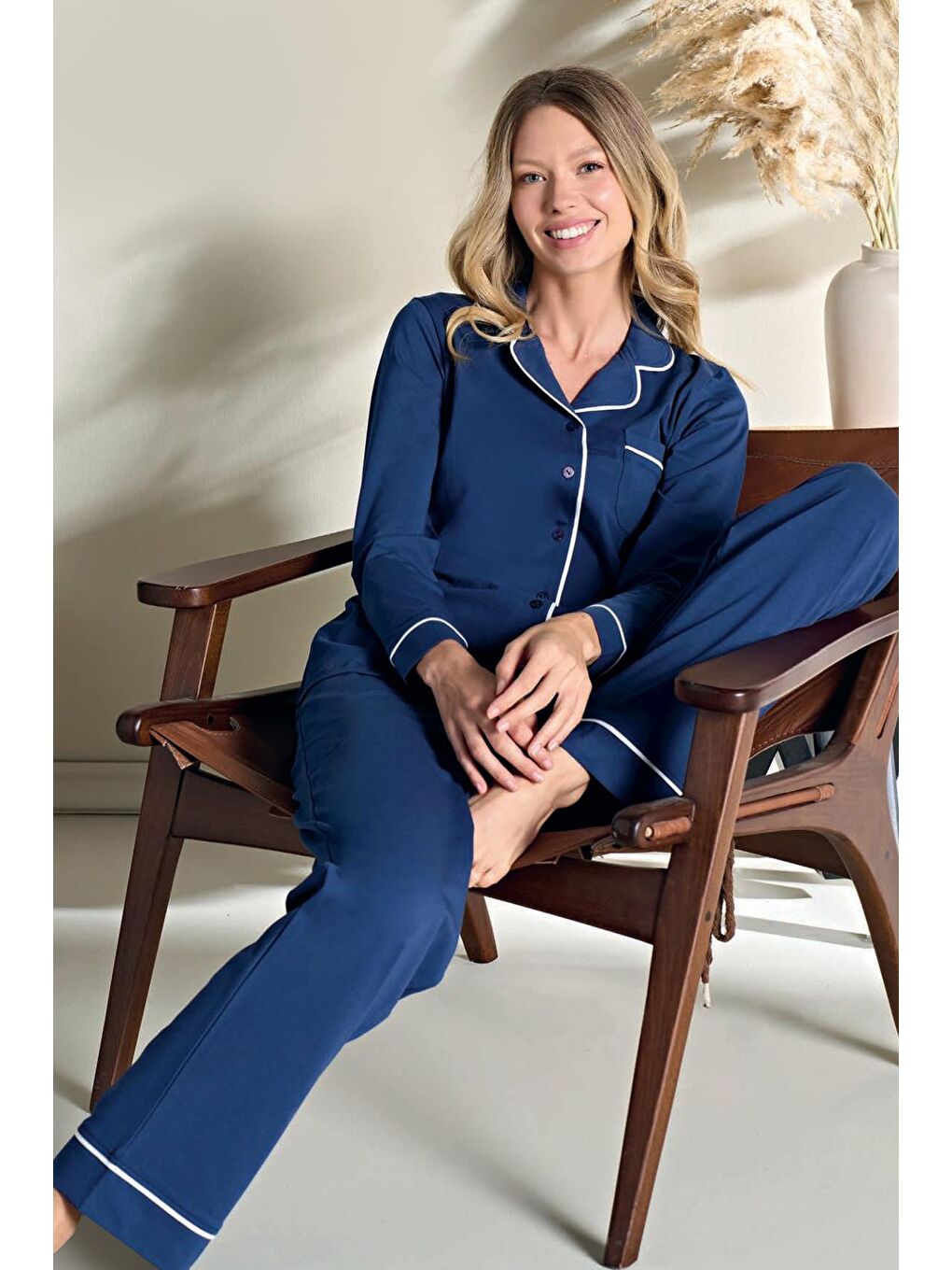 Kadın Penye Süprem Önden Düğmeli Pijama Takımı | Lacivert Ekru 3104