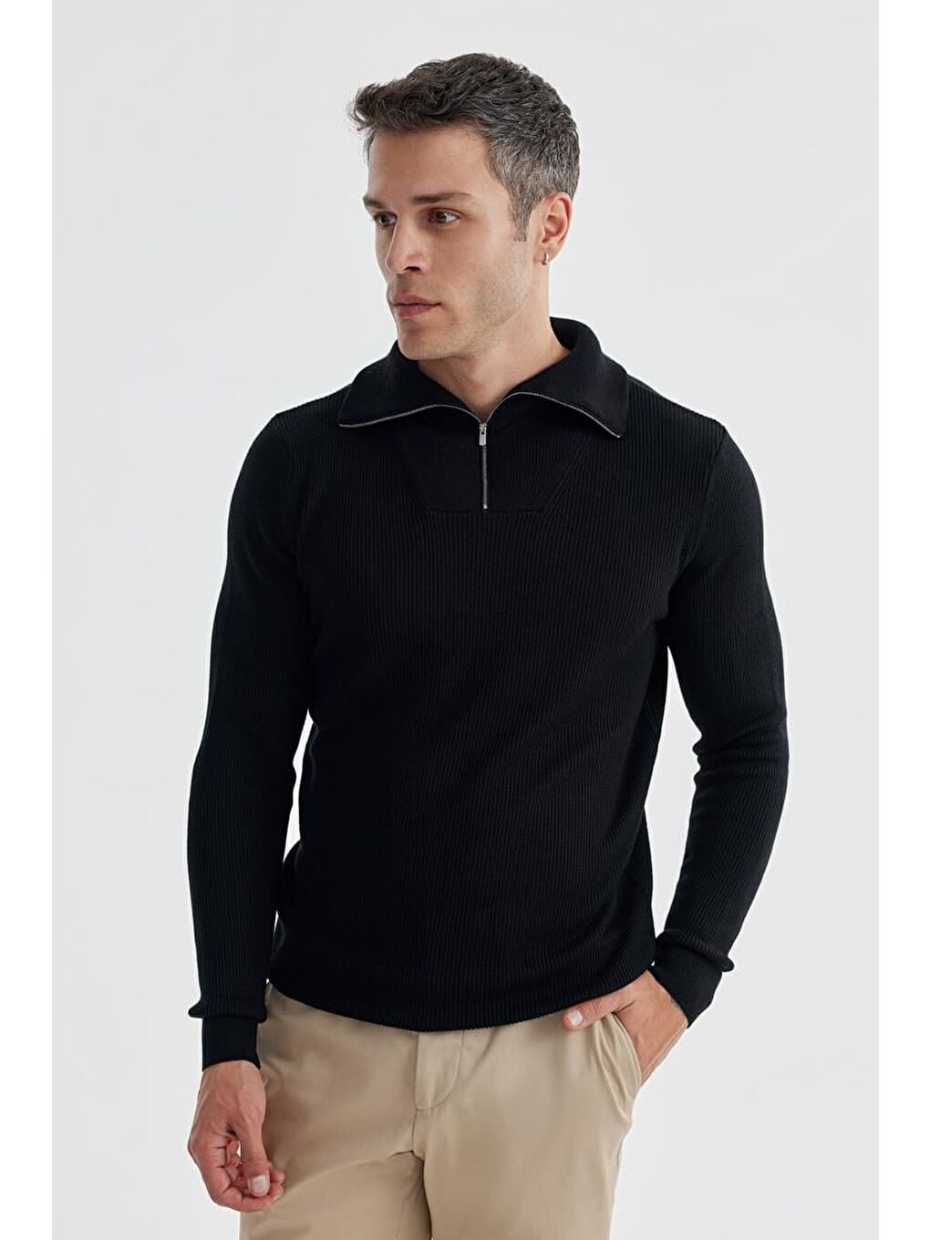 Lacivert Slim Fit Yünlü Fermuarlı Yaka Triko-1