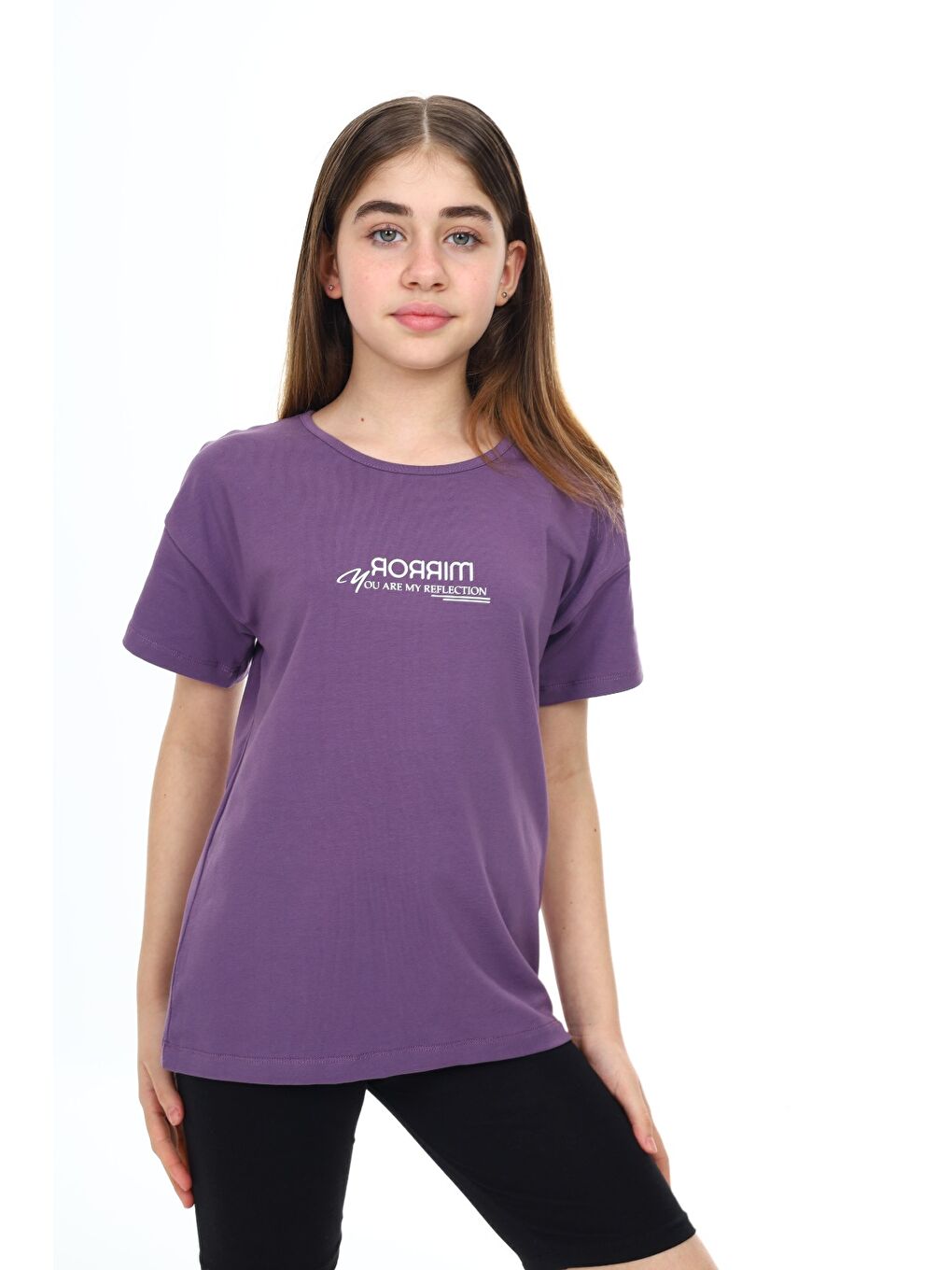 Mor Kız Çocuk Baskılı Bisiklet Yaka Kısa Kollu Tişört-3