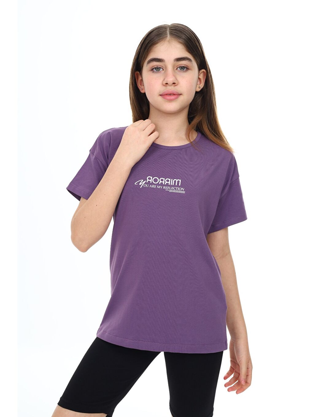 Mor Kız Çocuk Baskılı Bisiklet Yaka Kısa Kollu Tişört-4