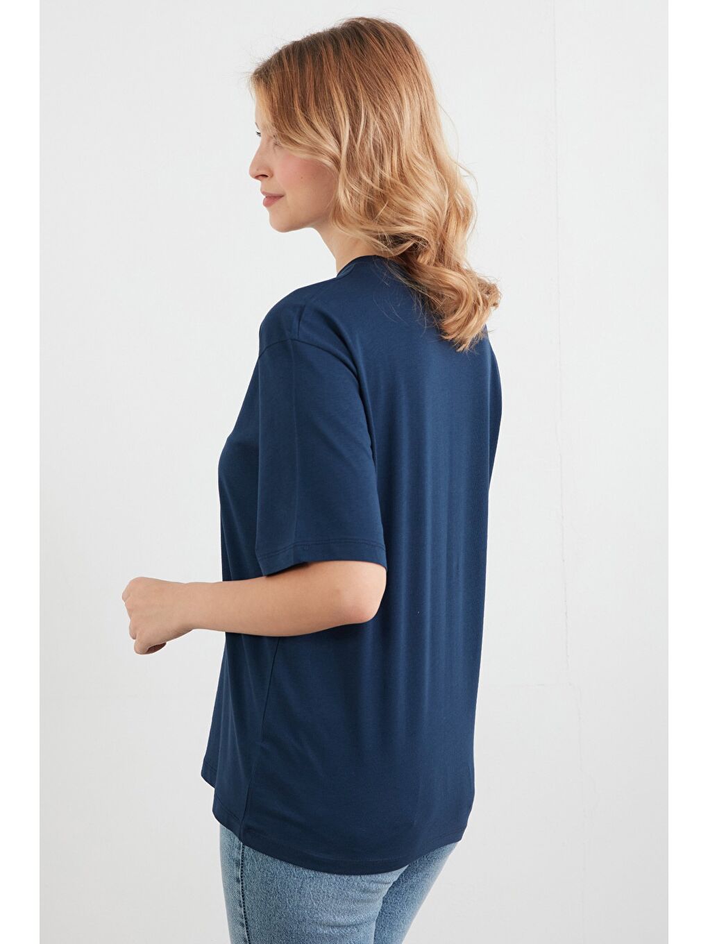 Lacivert Basic Oversize Bisiklet Yaka Tişört-1