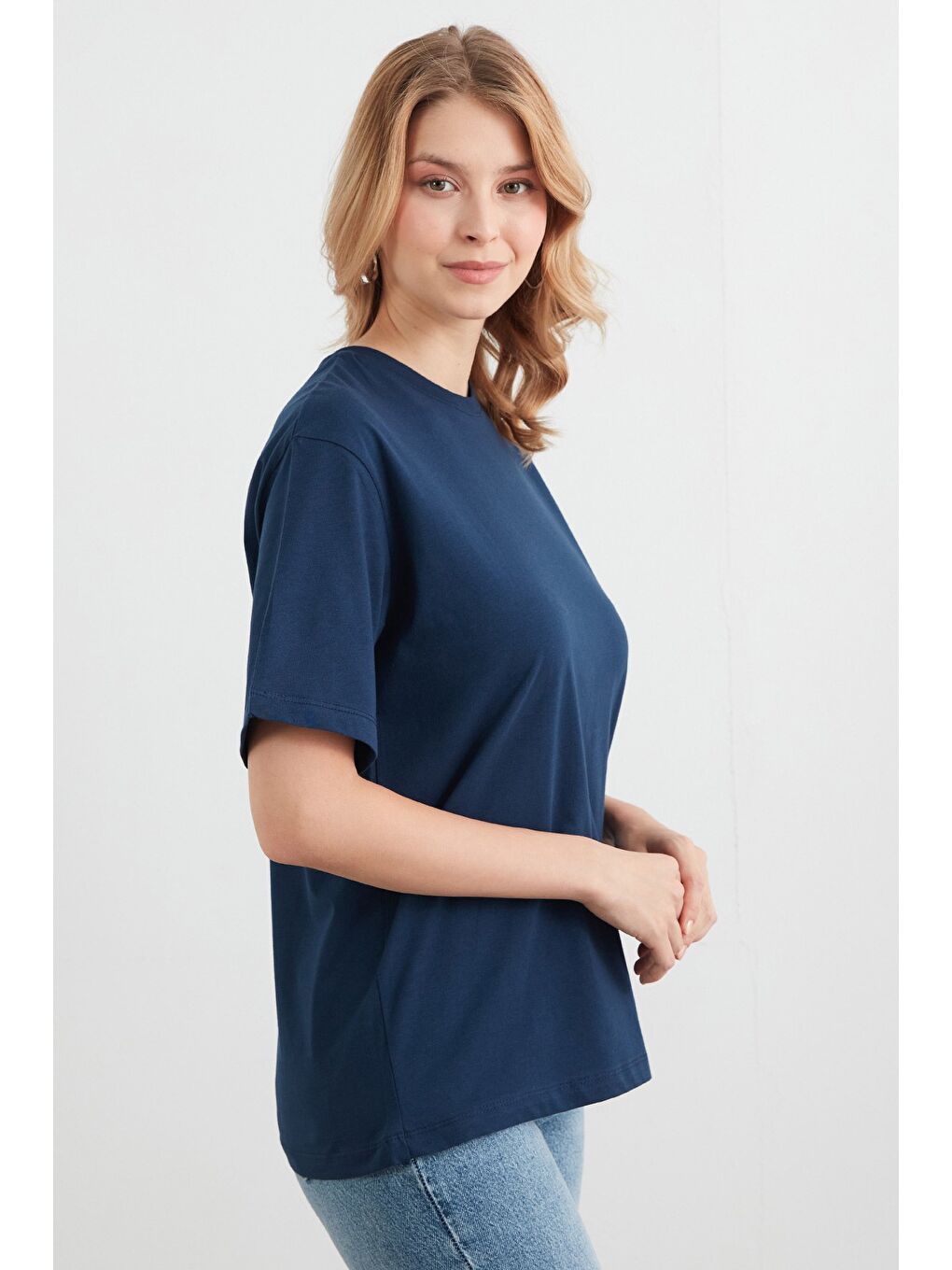 Lacivert Basic Oversize Bisiklet Yaka Tişört-2