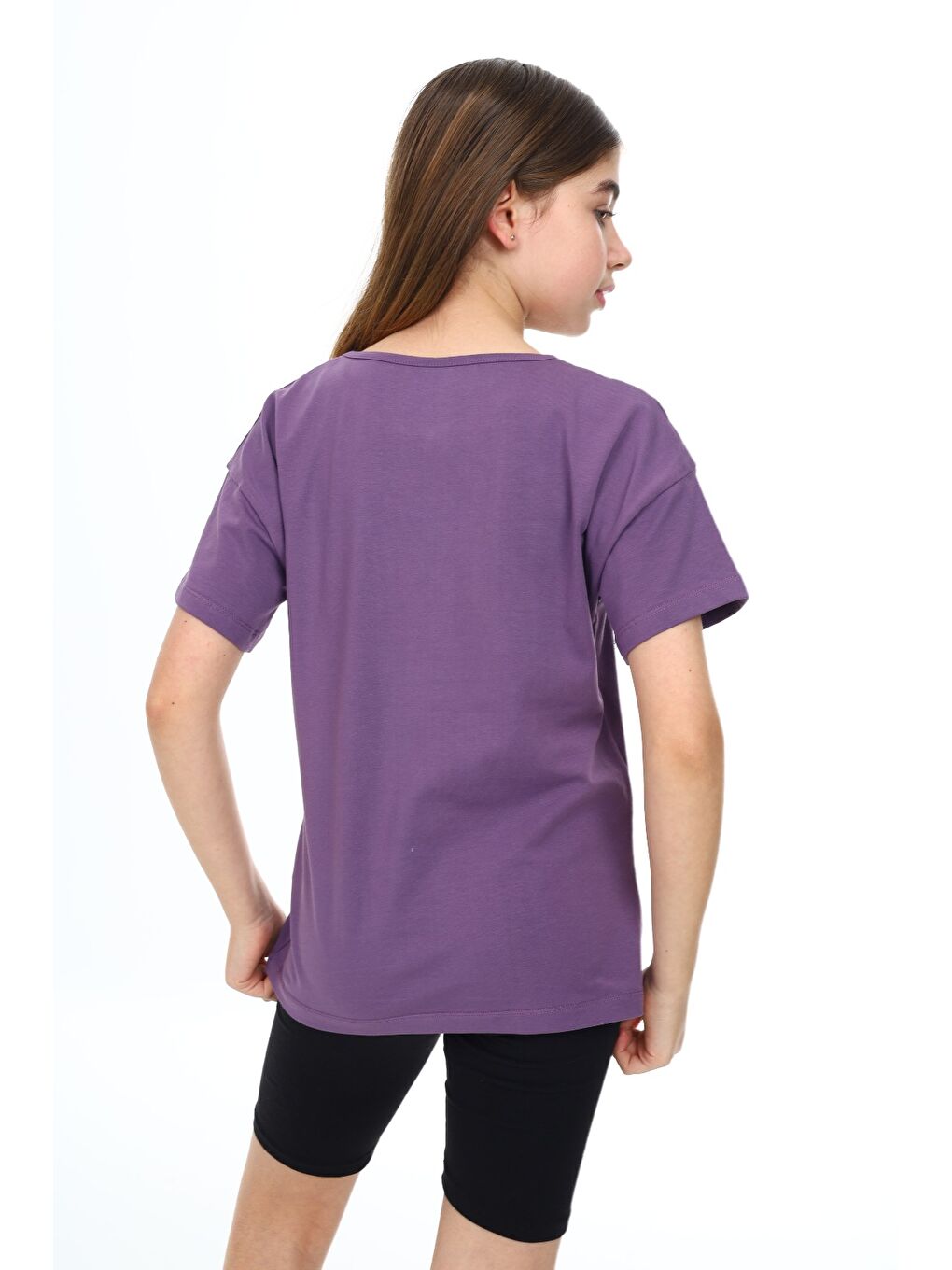 Mor Kız Çocuk Baskılı Bisiklet Yaka Kısa Kollu Tişört-5