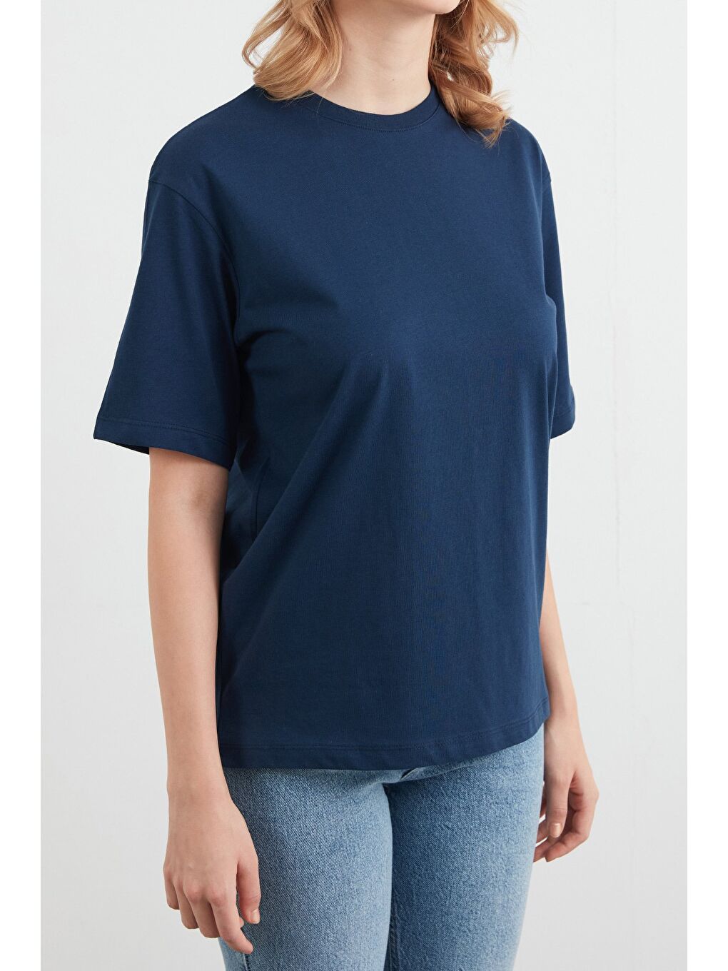 Lacivert Basic Oversize Bisiklet Yaka Tişört-4
