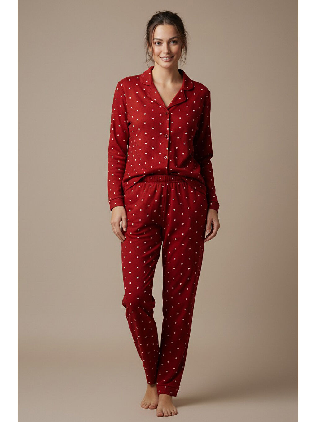 Kırmızı Mini Kalp Baskılı Pijama Takımı Kirmizi - 27948-KIRMIZI